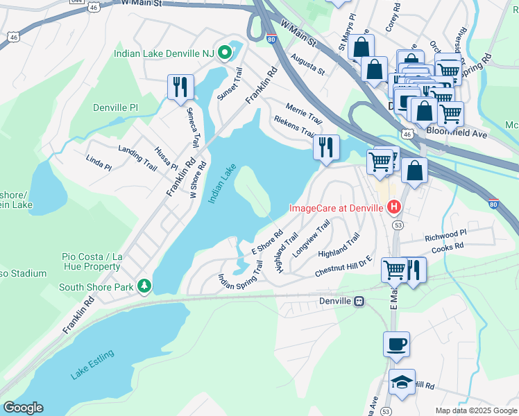 map of restaurants, bars, coffee shops, grocery stores, and more near 31 Lenape Trail in Denville