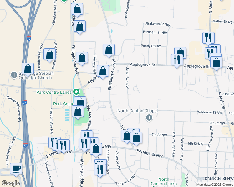 map of restaurants, bars, coffee shops, grocery stores, and more near 1201 Janet Avenue Northwest in North Canton