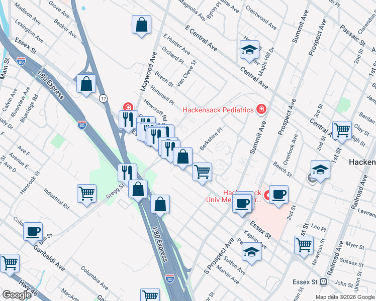 map of restaurants, bars, coffee shops, grocery stores, and more near 100 Arcadia Road in Hackensack