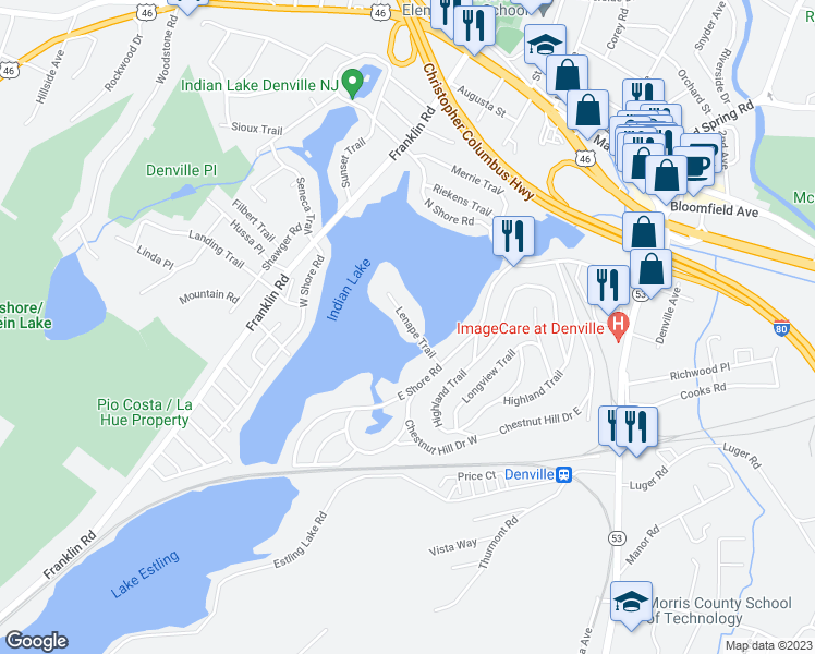 map of restaurants, bars, coffee shops, grocery stores, and more near 31 Lenape Trail in Denville