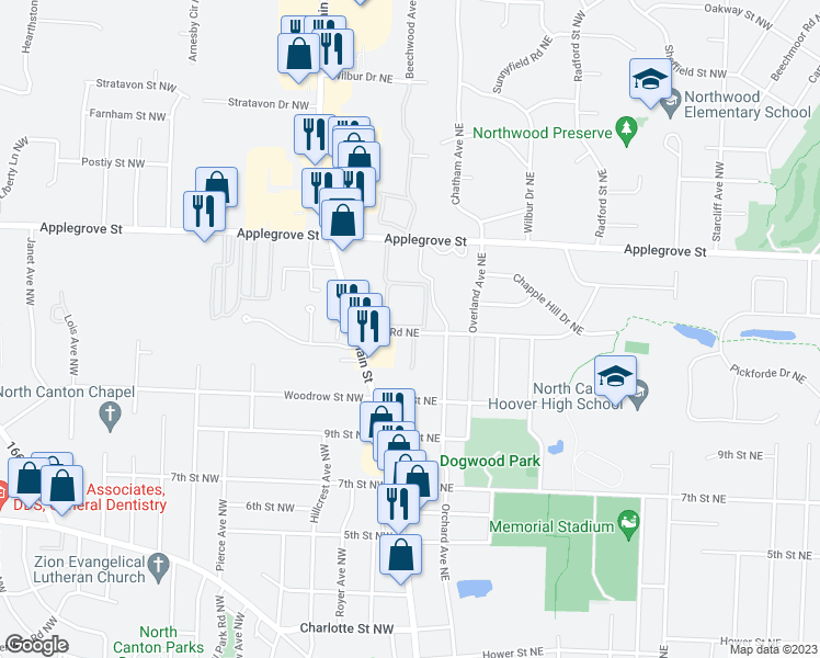 map of restaurants, bars, coffee shops, grocery stores, and more near 141 Holl Road Northeast in North Canton