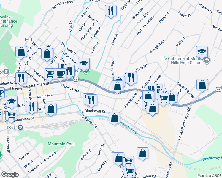 map of restaurants, bars, coffee shops, grocery stores, and more near 41 Simms Street in Dover