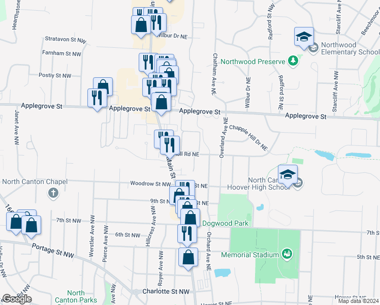map of restaurants, bars, coffee shops, grocery stores, and more near 127 Holl Road Northeast in North Canton