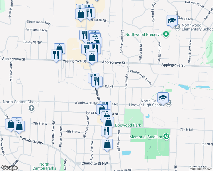 map of restaurants, bars, coffee shops, grocery stores, and more near 129 Holl Road Northeast in North Canton