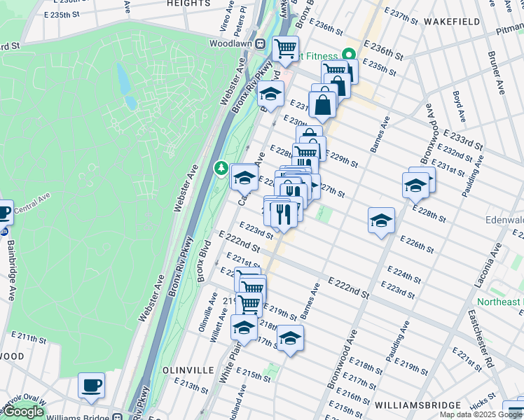map of restaurants, bars, coffee shops, grocery stores, and more near 653 East 224th Street in The Bronx