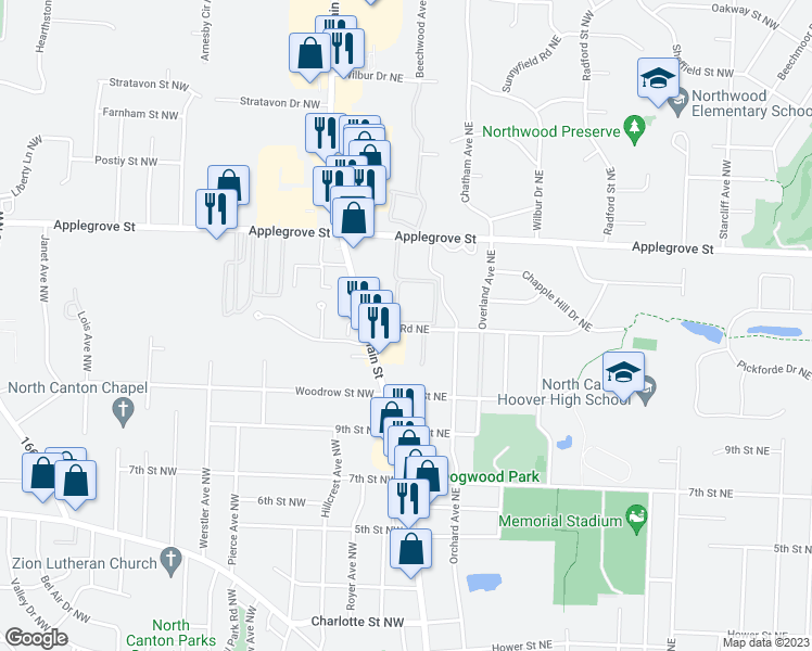 map of restaurants, bars, coffee shops, grocery stores, and more near 121 Holl Road Northeast in North Canton