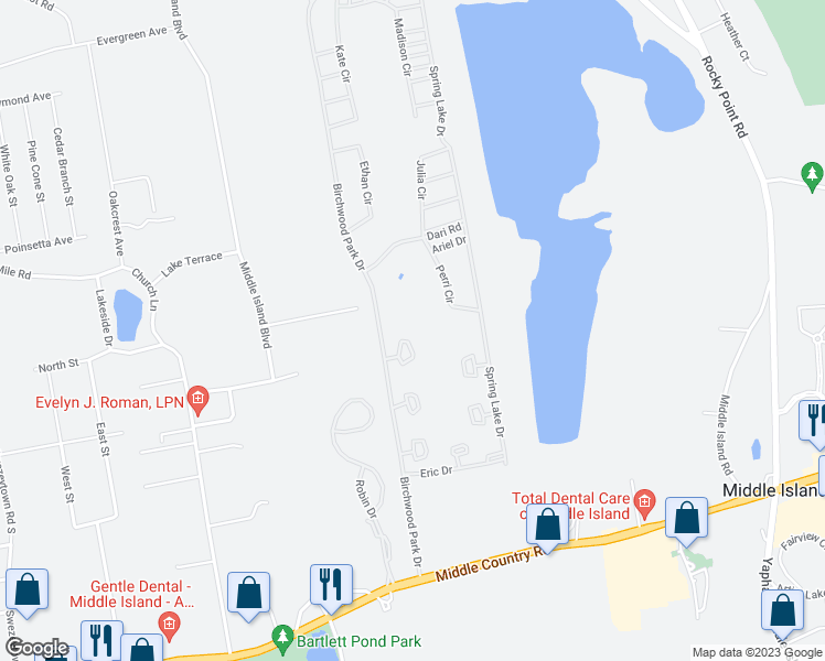 map of restaurants, bars, coffee shops, grocery stores, and more near 666 Birchwood Park Drive in Middle Island