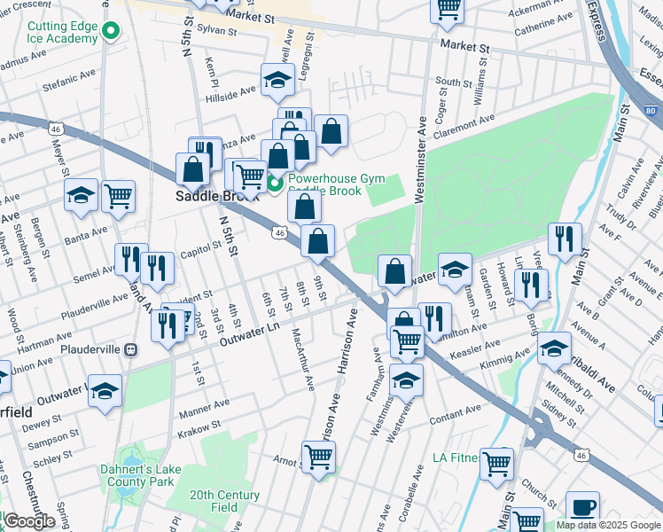 map of restaurants, bars, coffee shops, grocery stores, and more near 200 President Street in Saddle Brook