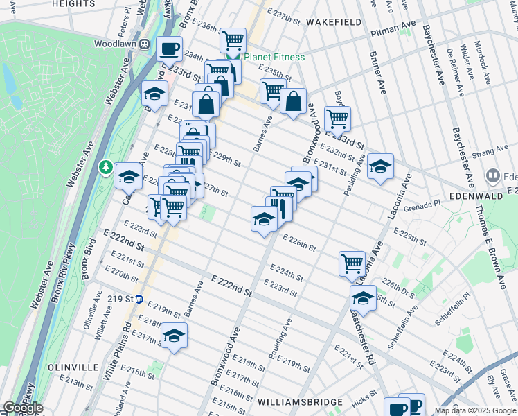 map of restaurants, bars, coffee shops, grocery stores, and more near East 227th Street in Bronx