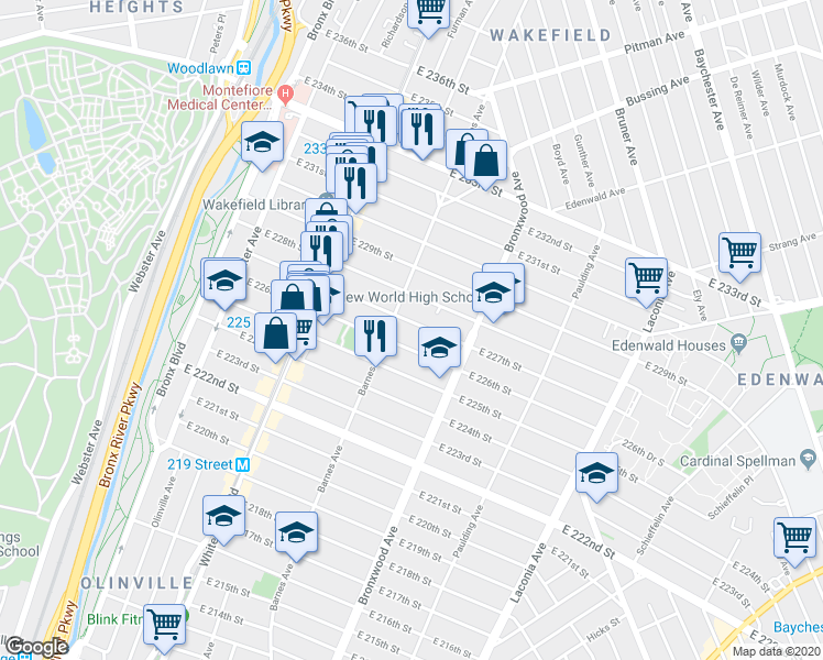 map of restaurants, bars, coffee shops, grocery stores, and more near 818 East 227th Street in Bronx