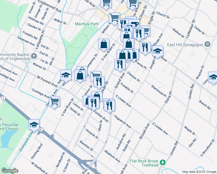 map of restaurants, bars, coffee shops, grocery stores, and more near 170 South Dean Street in Englewood
