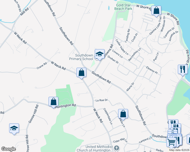 map of restaurants, bars, coffee shops, grocery stores, and more near 191 Southdown Road in Huntington