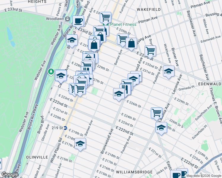 map of restaurants, bars, coffee shops, grocery stores, and more near 826 East 228th Street in The Bronx