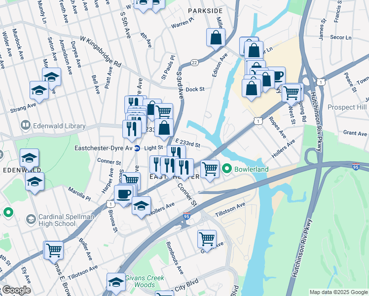 map of restaurants, bars, coffee shops, grocery stores, and more near 1635 East 233rd Street in Bronx