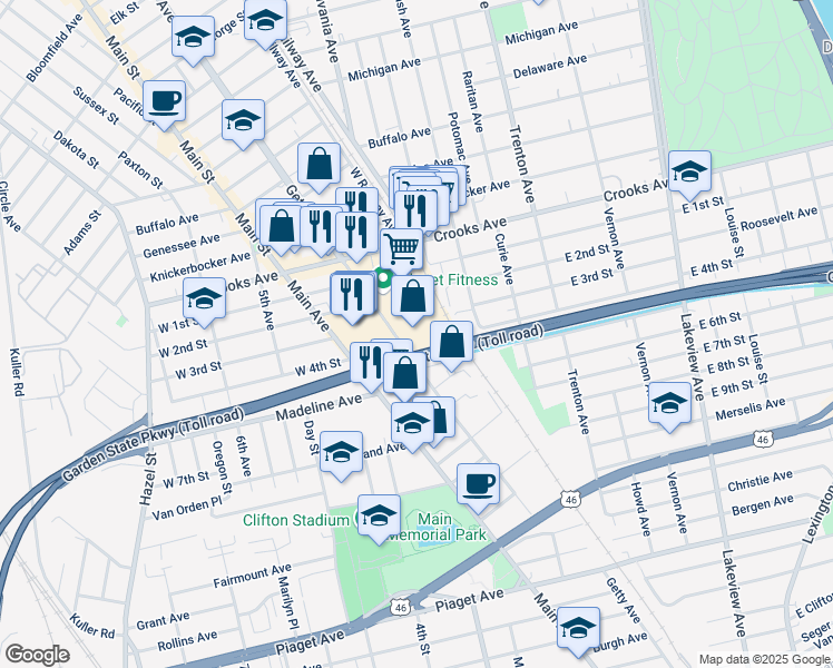 map of restaurants, bars, coffee shops, grocery stores, and more near 536 Getty Avenue in Clifton