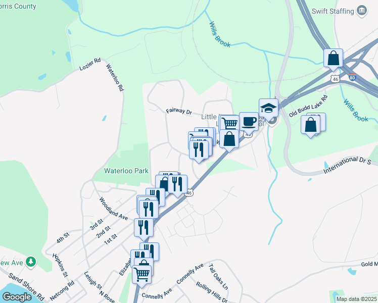 map of restaurants, bars, coffee shops, grocery stores, and more near 74 Village Way in Mount Olive Township