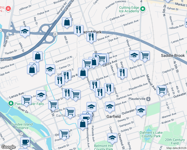 map of restaurants, bars, coffee shops, grocery stores, and more near 322 Lanza Avenue in Garfield