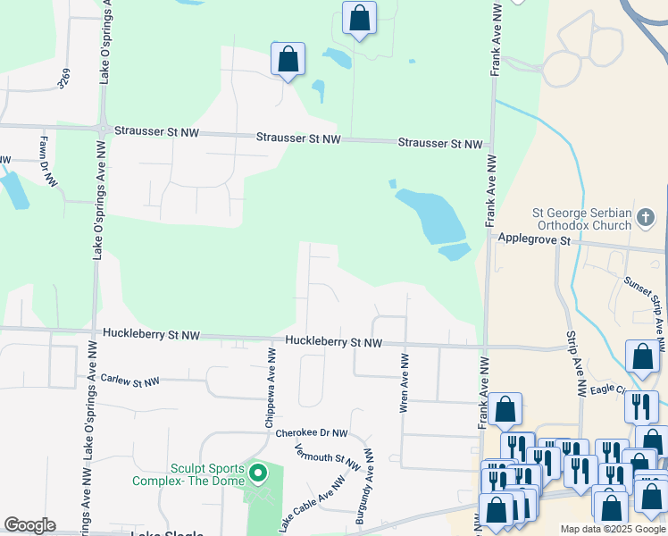 map of restaurants, bars, coffee shops, grocery stores, and more near 5433 Mark Twain Circle Northwest in North Canton