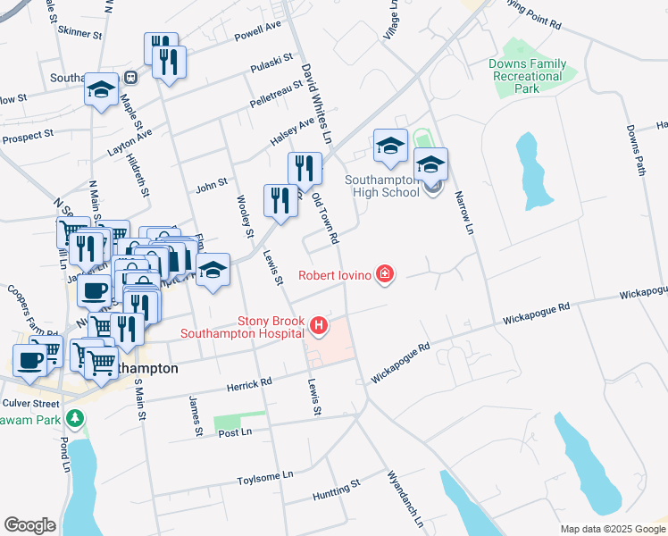 map of restaurants, bars, coffee shops, grocery stores, and more near 111 Old Town Road in Southampton