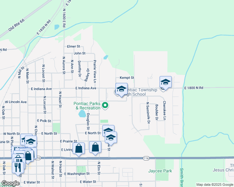 map of restaurants, bars, coffee shops, grocery stores, and more near 1100 East Indiana Avenue in Pontiac
