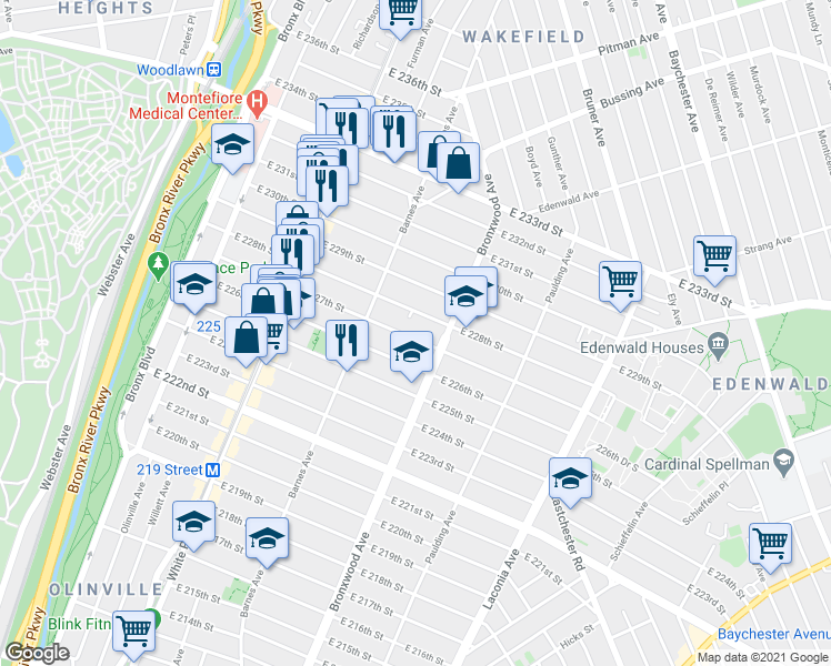 map of restaurants, bars, coffee shops, grocery stores, and more near 826 East 228th Street in The Bronx