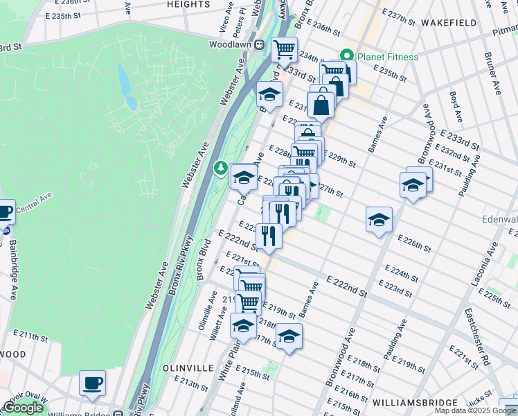 map of restaurants, bars, coffee shops, grocery stores, and more near in The Bronx