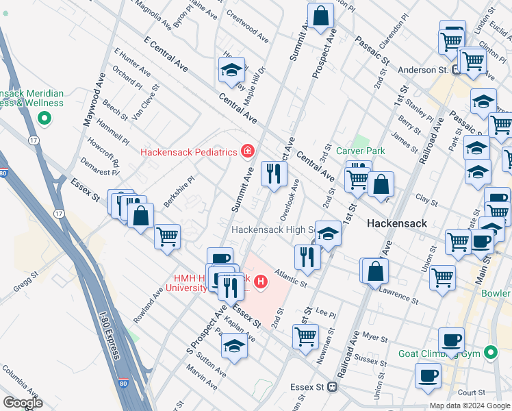 map of restaurants, bars, coffee shops, grocery stores, and more near 151 Prospect Avenue in Hackensack