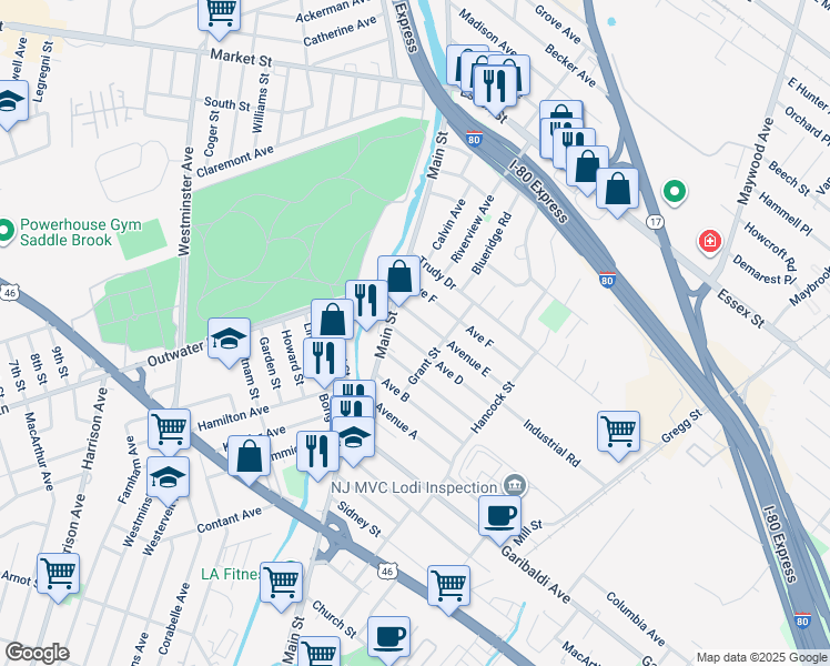 map of restaurants, bars, coffee shops, grocery stores, and more near 452 Main Street in Lodi