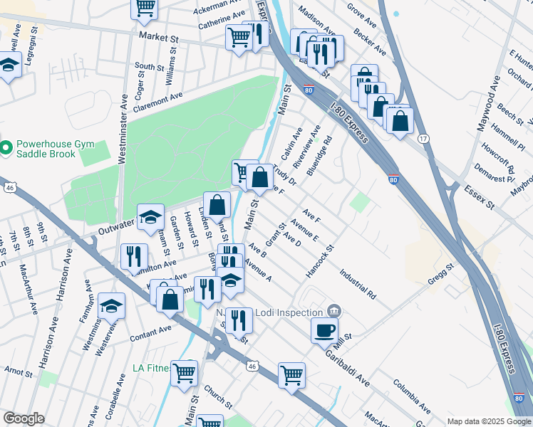 map of restaurants, bars, coffee shops, grocery stores, and more near 452 Main Street in Lodi