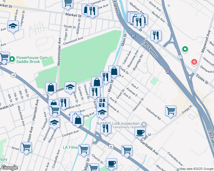 map of restaurants, bars, coffee shops, grocery stores, and more near 778-786 Outwater Ln in Saddle Brook