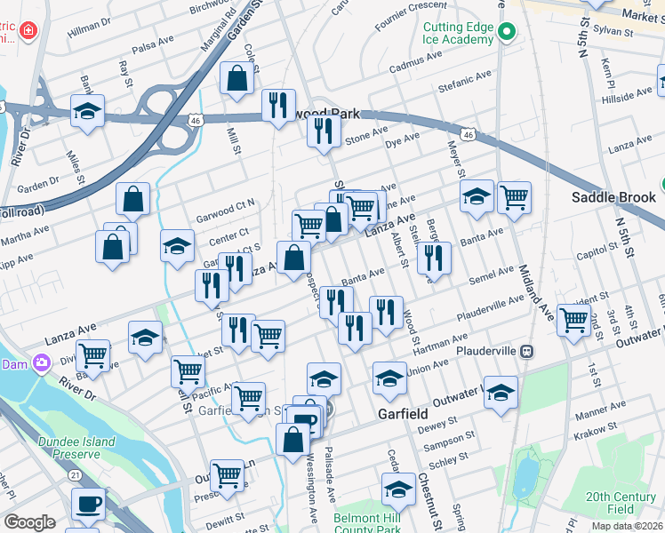 map of restaurants, bars, coffee shops, grocery stores, and more near 322 Lanza Avenue in Garfield
