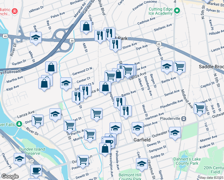 map of restaurants, bars, coffee shops, grocery stores, and more near 299 Lanza Avenue in Garfield