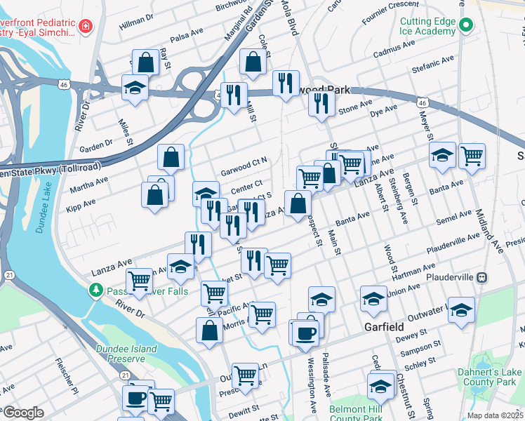map of restaurants, bars, coffee shops, grocery stores, and more near 43 Garwood Court South in Garfield