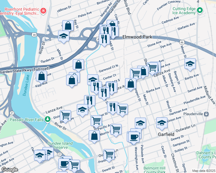 map of restaurants, bars, coffee shops, grocery stores, and more near 12 Center Court in Garfield