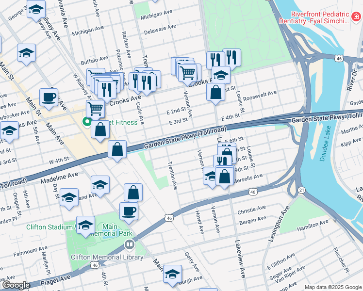 map of restaurants, bars, coffee shops, grocery stores, and more near 61 East 5th Street in Clifton