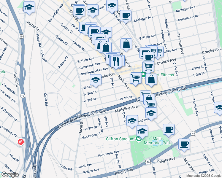 map of restaurants, bars, coffee shops, grocery stores, and more near 75 5th Avenue in Clifton