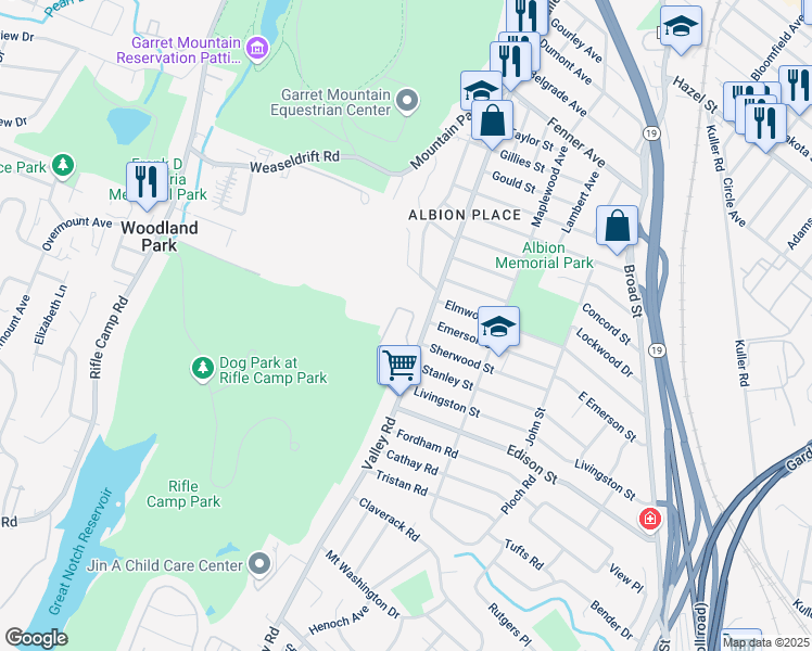 map of restaurants, bars, coffee shops, grocery stores, and more near 38 Skyview Terrace in Clifton