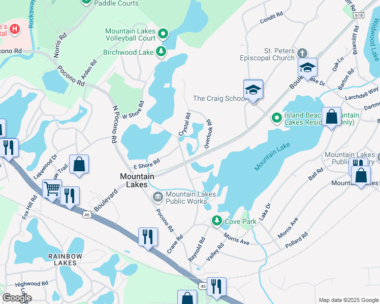 map of restaurants, bars, coffee shops, grocery stores, and more near 12 Park Place in Mountain Lakes