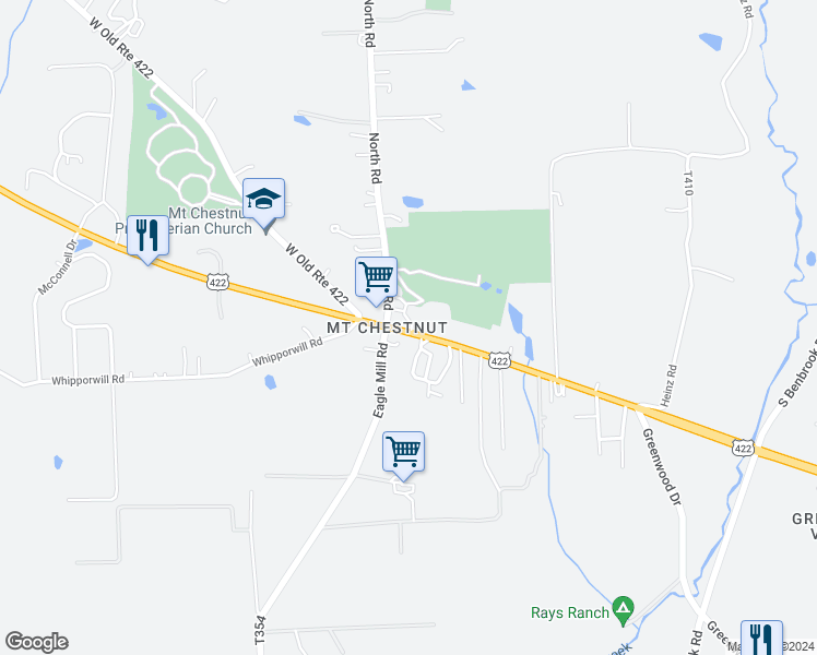 map of restaurants, bars, coffee shops, grocery stores, and more near 102 North Road in Butler