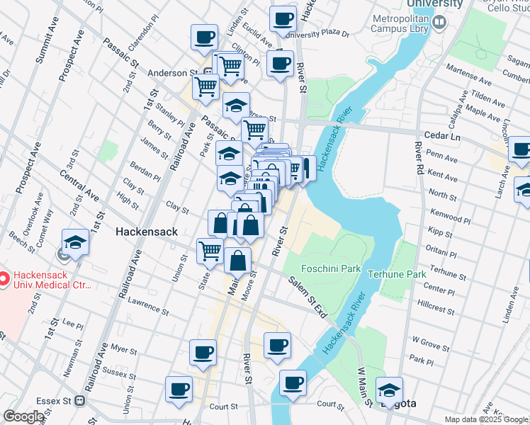 map of restaurants, bars, coffee shops, grocery stores, and more near 306 Main Street in Hackensack