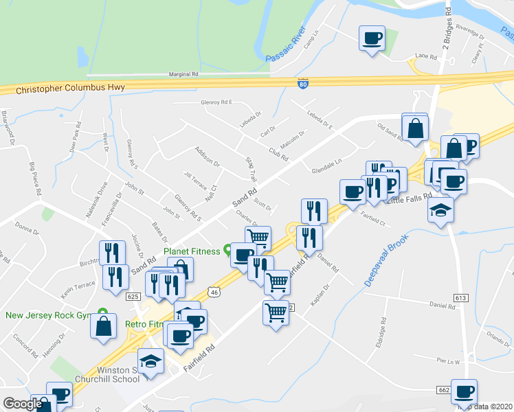 map of restaurants, bars, coffee shops, grocery stores, and more near 4 Scott Drive in Fairfield