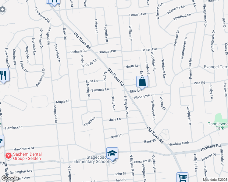map of restaurants, bars, coffee shops, grocery stores, and more near 7 Samuels Lane in Selden