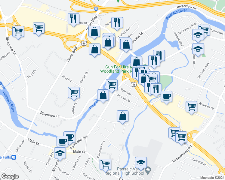 map of restaurants, bars, coffee shops, grocery stores, and more near 245 Paterson Avenue in Little Falls