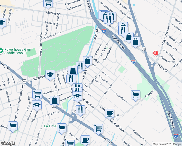 map of restaurants, bars, coffee shops, grocery stores, and more near 452 Main Street in Lodi