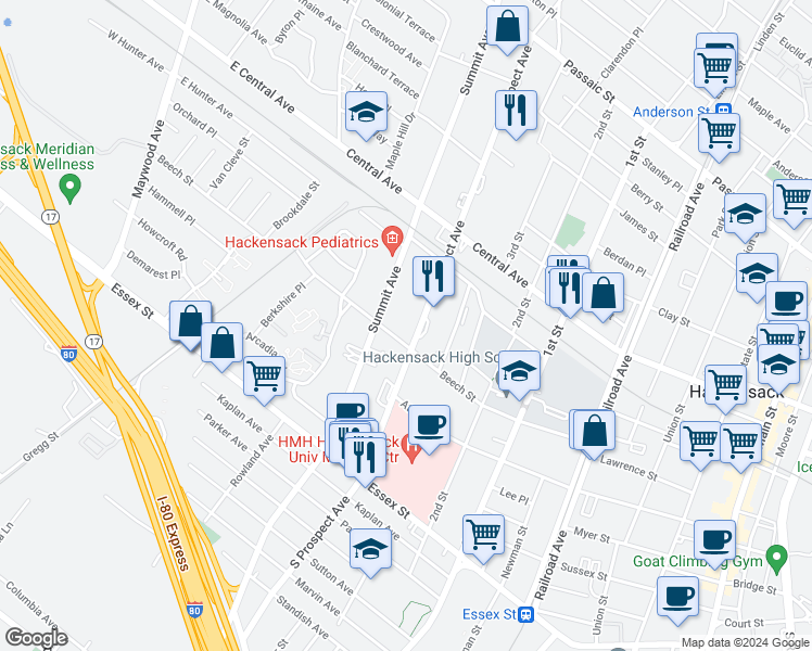 map of restaurants, bars, coffee shops, grocery stores, and more near 151 Prospect Avenue in Hackensack