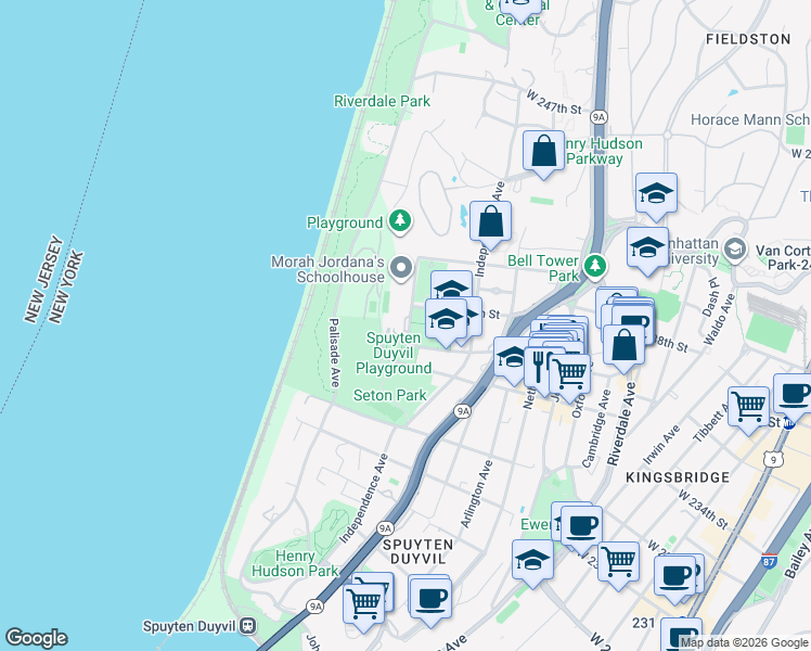 map of restaurants, bars, coffee shops, grocery stores, and more near 3671 Hudson Manor Terrace in The Bronx