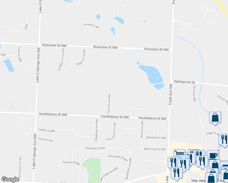 map of restaurants, bars, coffee shops, grocery stores, and more near 5434 Mark Twain Circle Northwest in North Canton