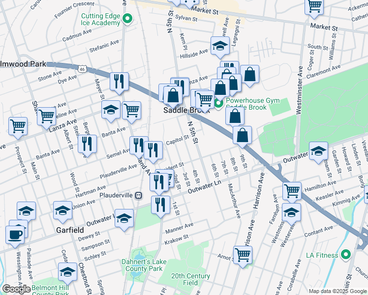 map of restaurants, bars, coffee shops, grocery stores, and more near 260 4th Street in Saddle Brook