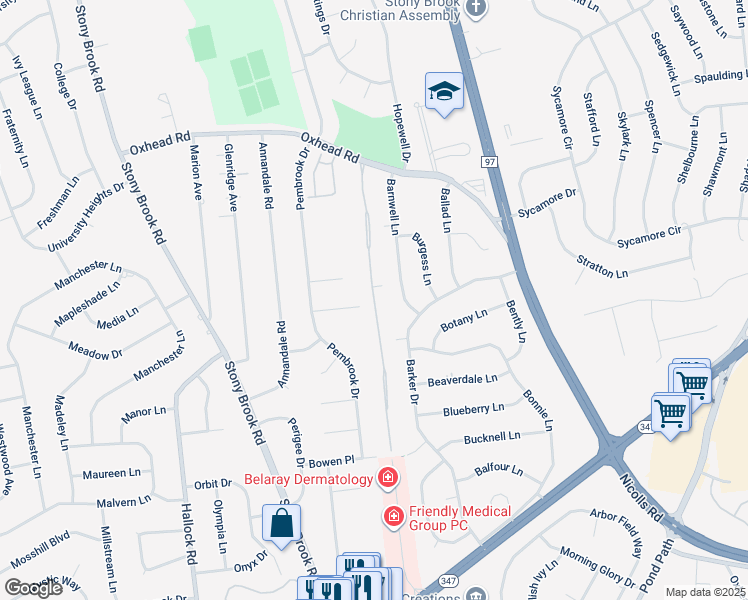 map of restaurants, bars, coffee shops, grocery stores, and more near 76 Knolls Drive in Stony Brook