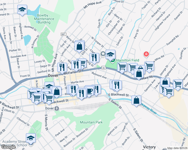 map of restaurants, bars, coffee shops, grocery stores, and more near 56 Depew Avenue in Dover